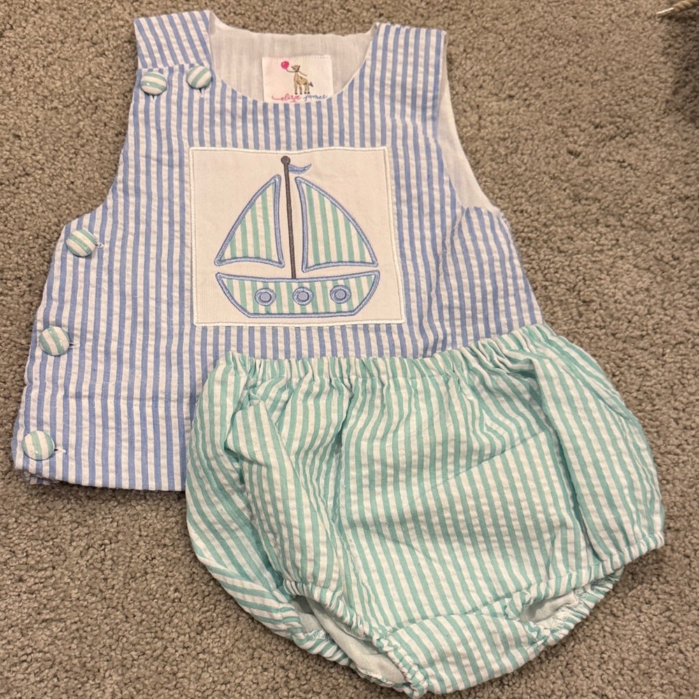 Striped Seersucker Sailboat Baby Set - Blue & Mint
